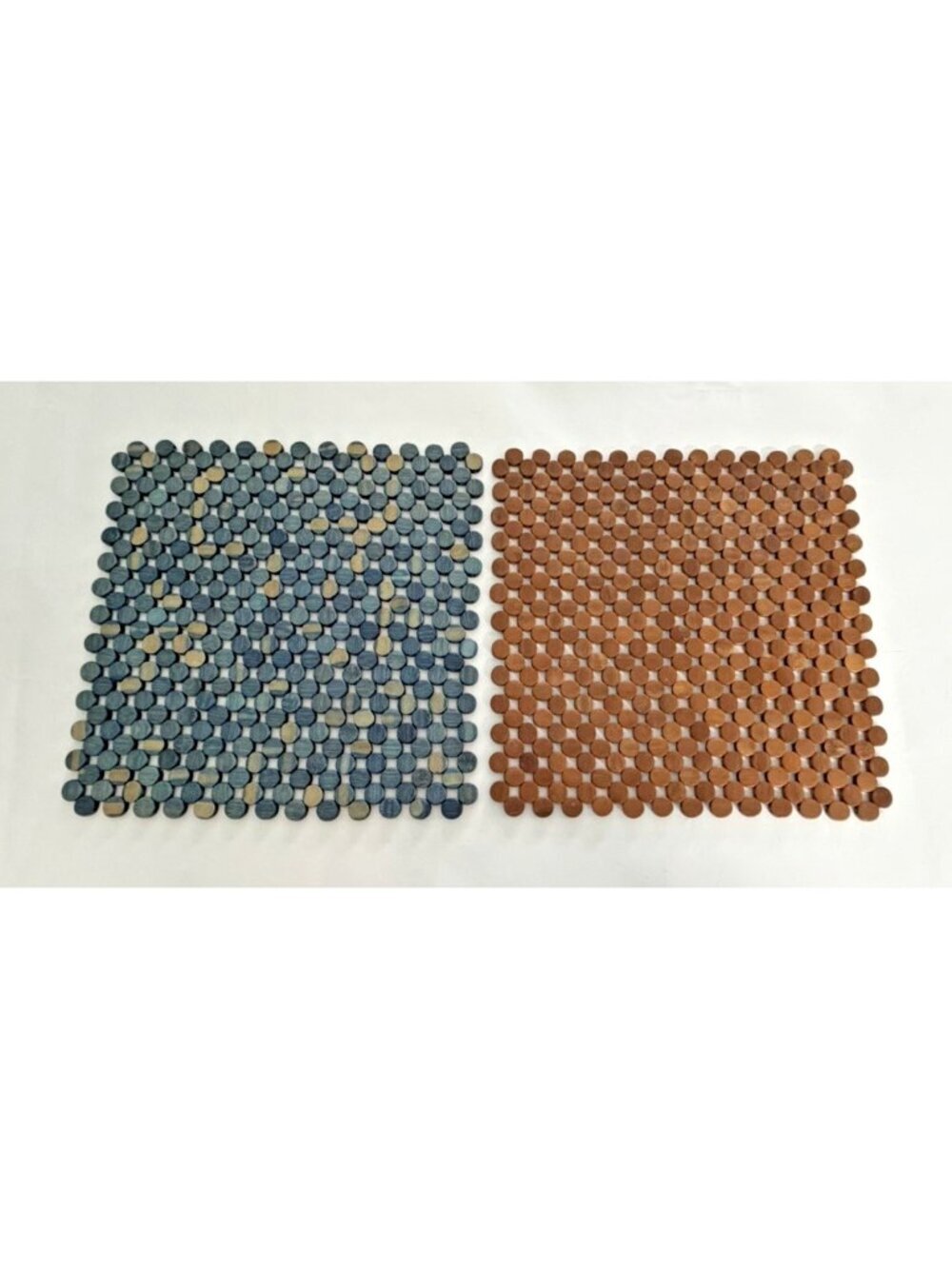 2 Vintage Mid Century Wooden Woven Placemats 3D Geometric Brown Blue 14" Square